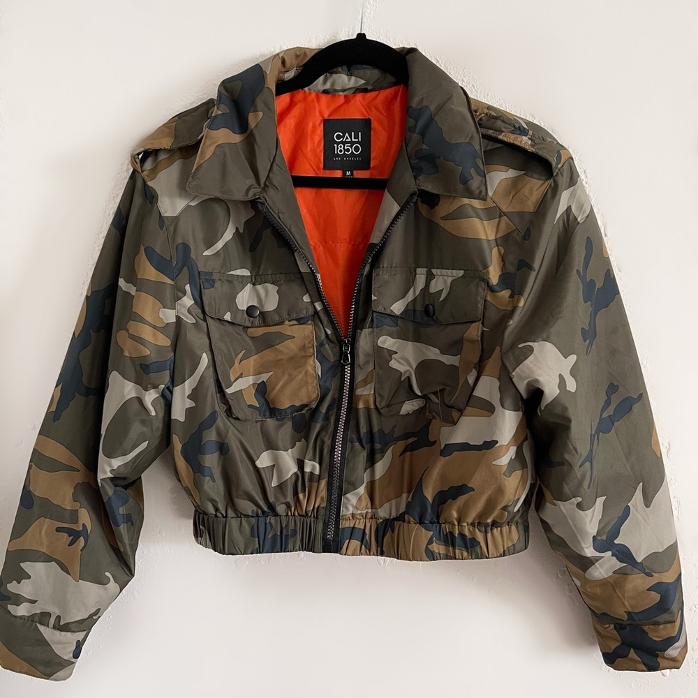 Camouflage/orange bomber jacket semi-cropped small used once-good condition